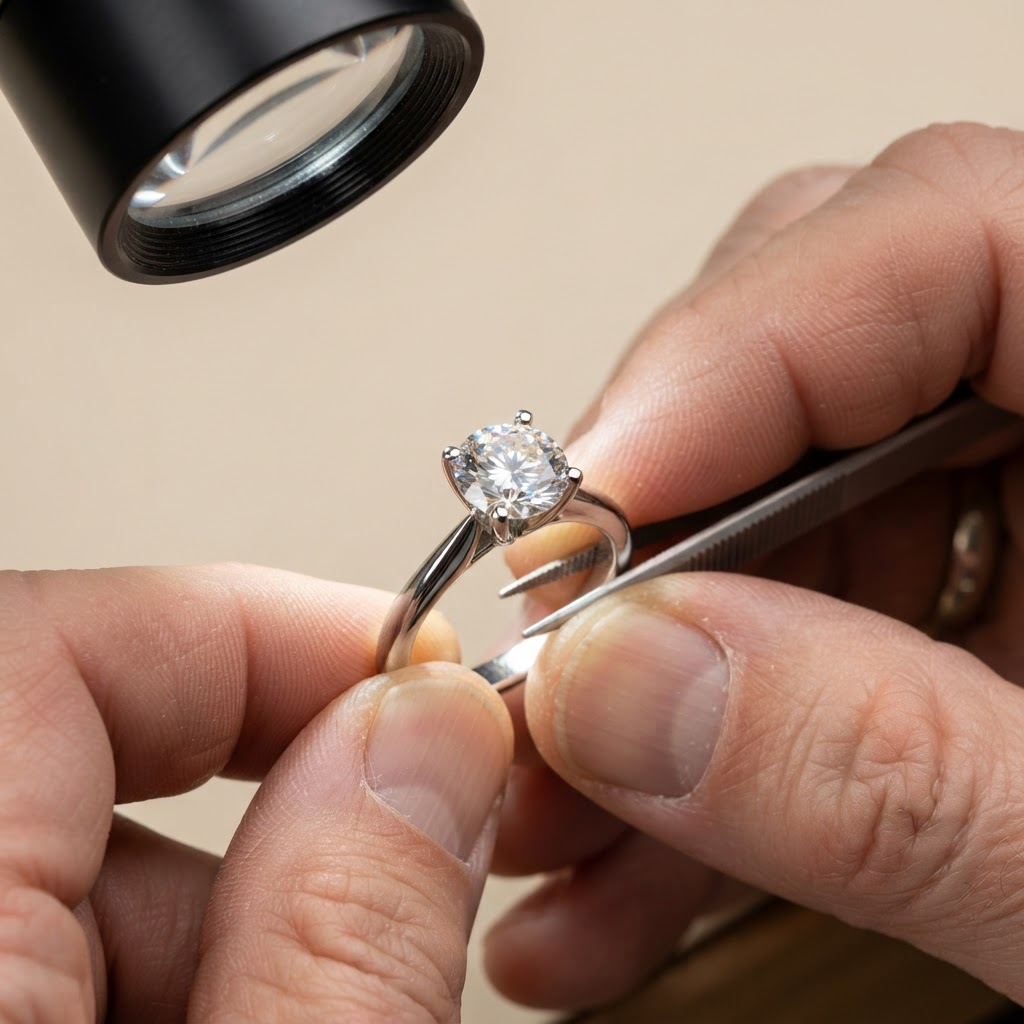 A master jeweller inspecting a finished diamond solitaire ring with tweezers