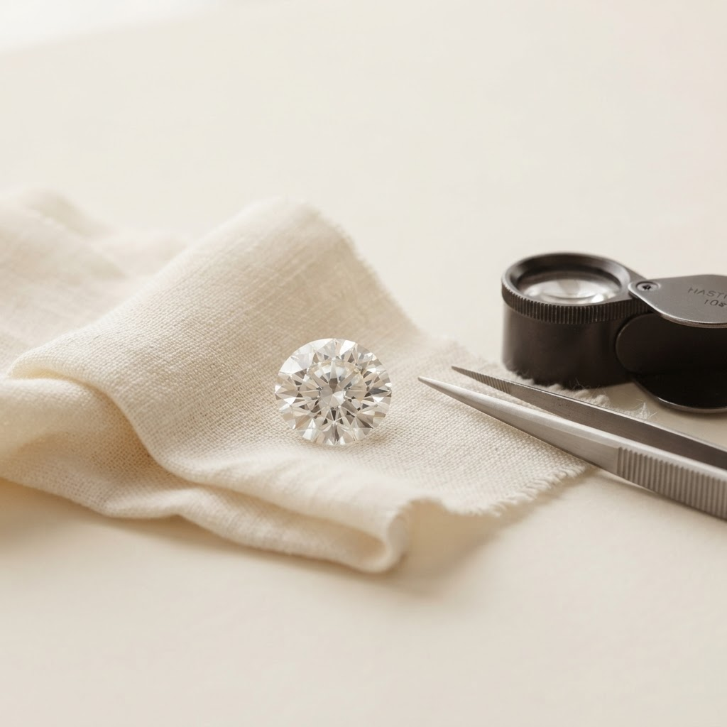 A loose diamond resting on ivory silk beside a jeweller's tweezers and loupe